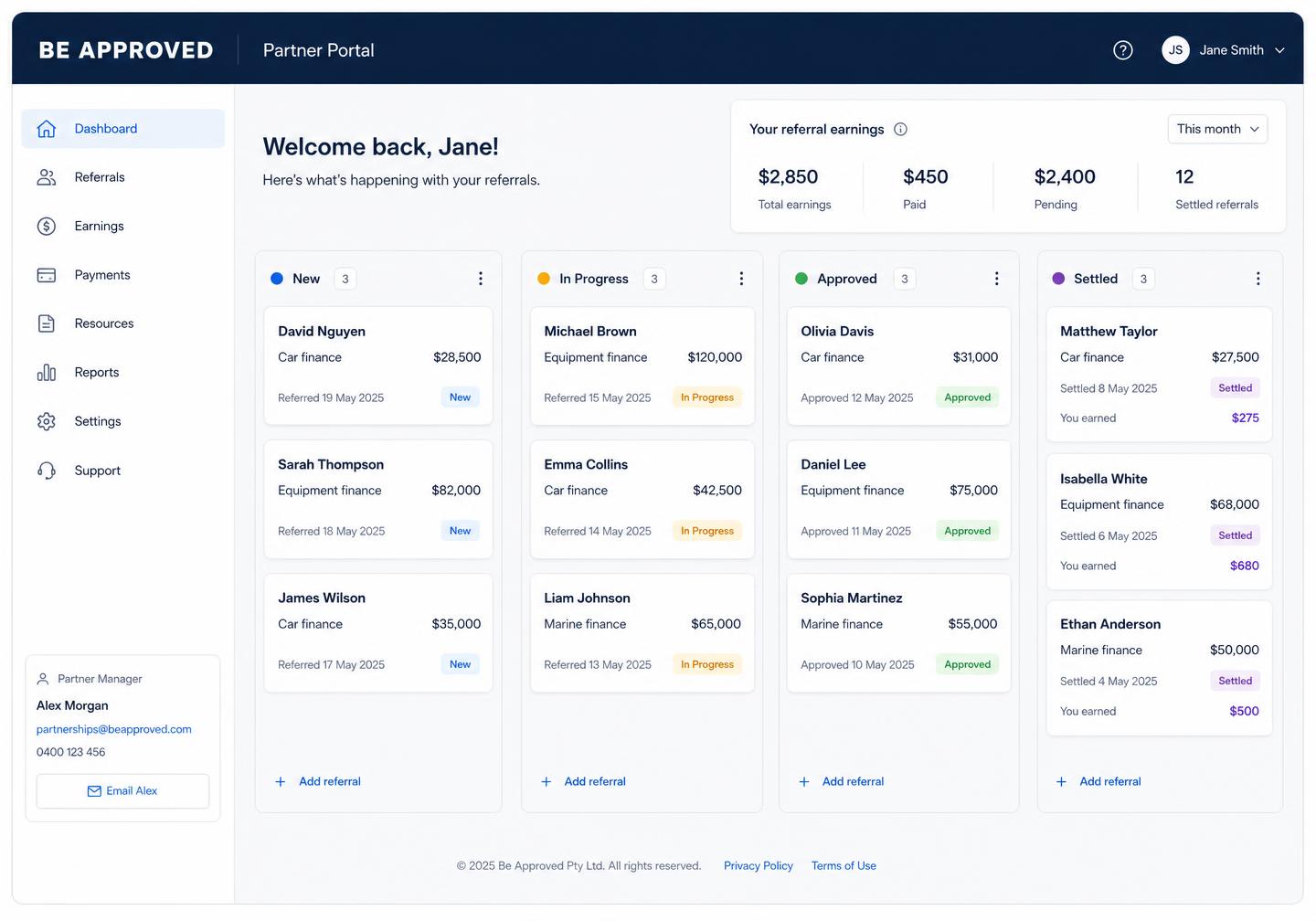 Illustrative partner portal with recent referral activity and a status board